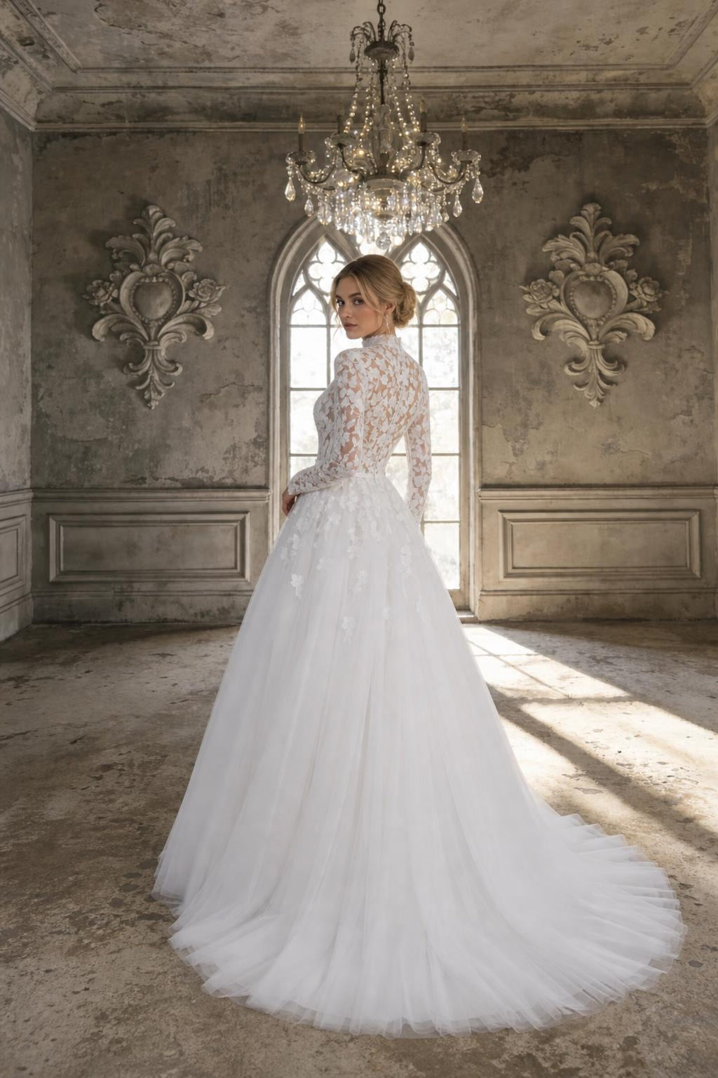 High Neck Long Sleeve Lace Wedding Dress, 3D Floral Tulle Ballgown Bridal Gown, Sheer Bodice Custom Wedding Gown