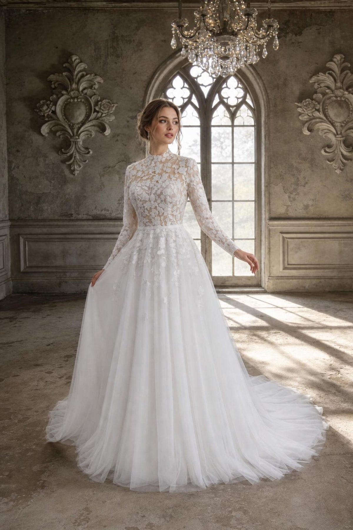 High Neck Long Sleeve Lace Wedding Dress, 3D Floral Tulle Ballgown Bridal Gown, Sheer Bodice Custom Wedding Gown