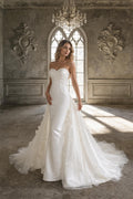 Strapless Satin Mermaid Wedding Dress, Draped Sweetheart Bridal Gown, 3D Floral Tulle Overskirt Custom Wedding Gown