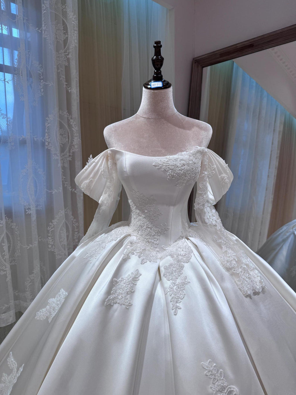 Satin Wedding Dress, Off the Shoulder Bridal Gown, Lace Applique Ball Gown, Sweetheart Neckline, Classic Elegant Bridal Dress, Custom Made