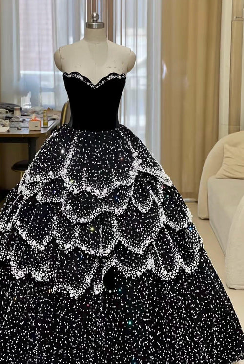 Black Ball Gown, Pearl Crystal Evening Dress, Strapless Velvet Prom Dress, Layered Formal Gown, Dramatic Black Wedding Dress, Custom Made