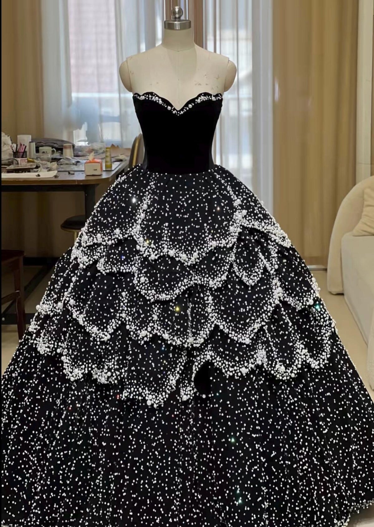 Black Ball Gown, Pearl Crystal Evening Dress, Strapless Velvet Prom Dress, Layered Formal Gown, Dramatic Black Wedding Dress, Custom Made