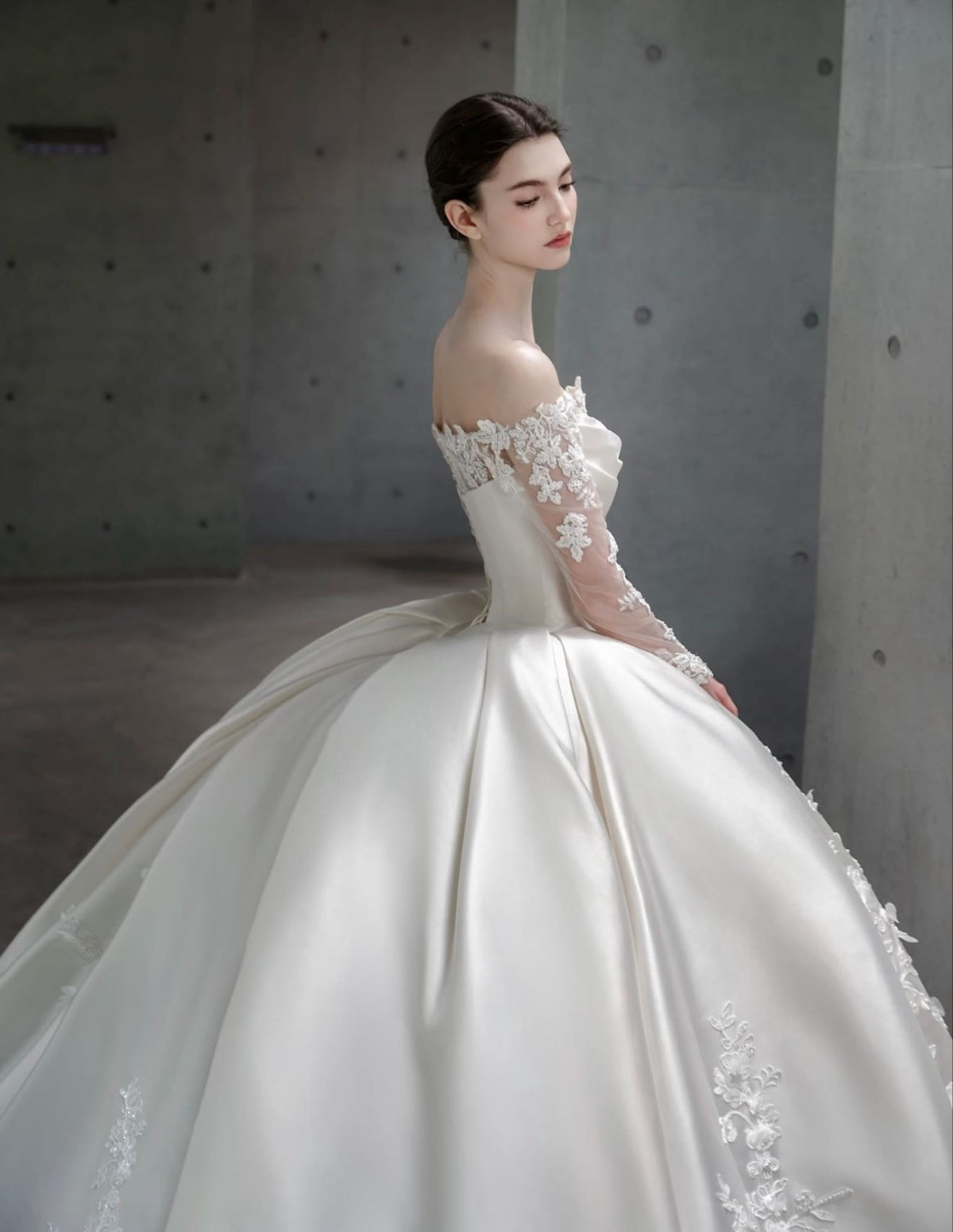 Two‑Way Mikado Satin Wedding Dress, Detachable Lace Long Sleeves, Ball Gown Bridal Gown, 3D Lace Appliques Cathedral Train Wedding Gown