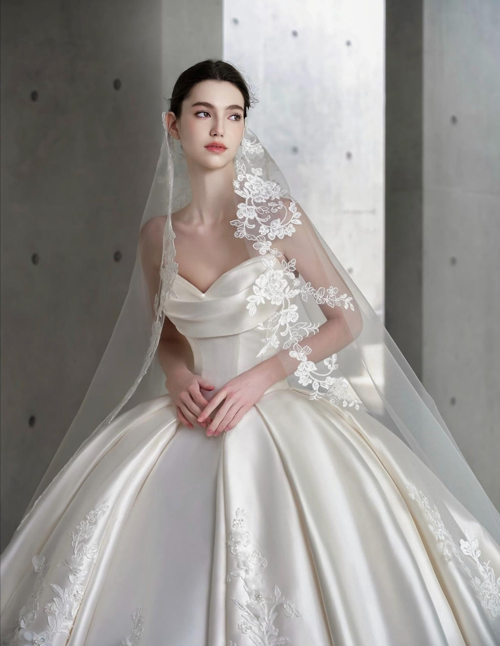 Two‑Way Mikado Satin Wedding Dress, Detachable Lace Long Sleeves, Ball Gown Bridal Gown, 3D Lace Appliques Cathedral Train Wedding Gown