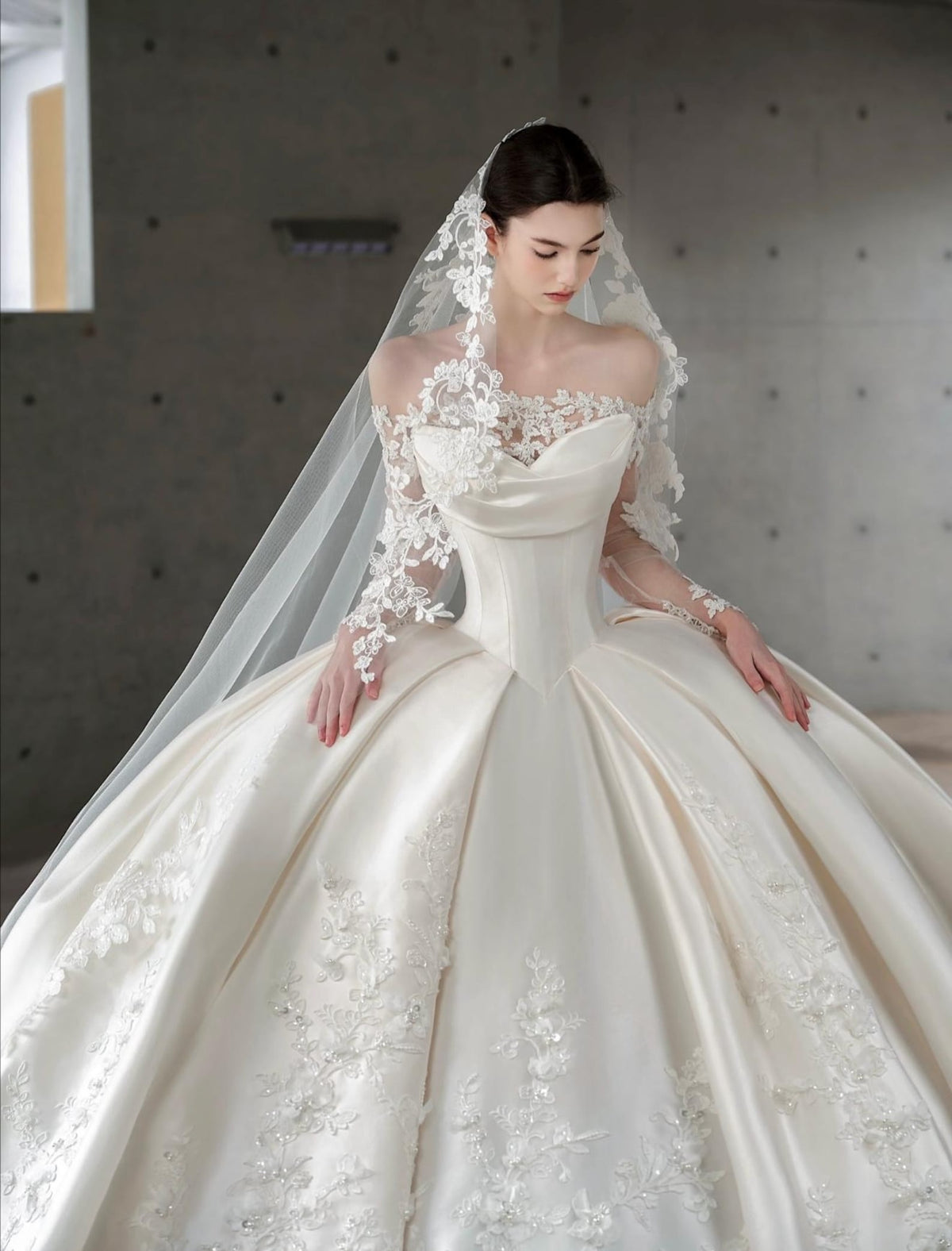 Two‑Way Mikado Satin Wedding Dress, Detachable Lace Long Sleeves, Ball Gown Bridal Gown, 3D Lace Appliques Cathedral Train Wedding Gown
