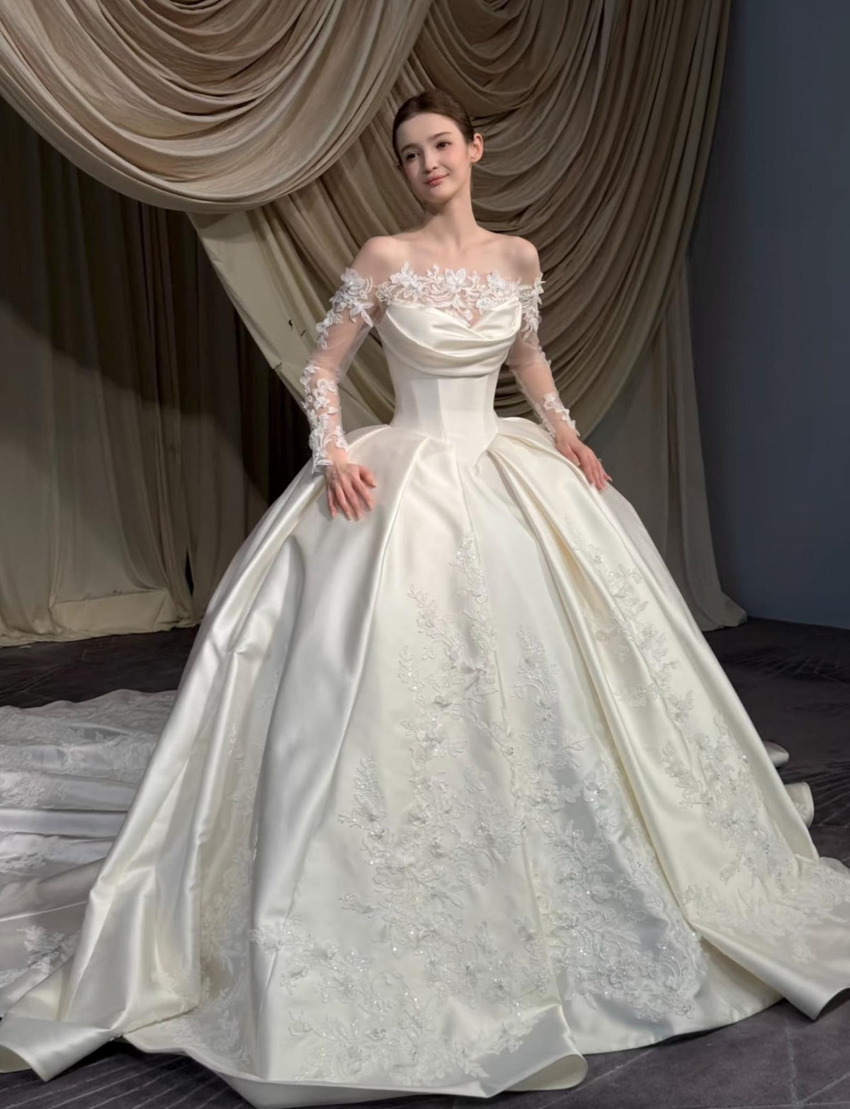 Two‑Way Mikado Satin Wedding Dress, Detachable Lace Long Sleeves, Ball Gown Bridal Gown, 3D Lace Appliques Cathedral Train Wedding Gown