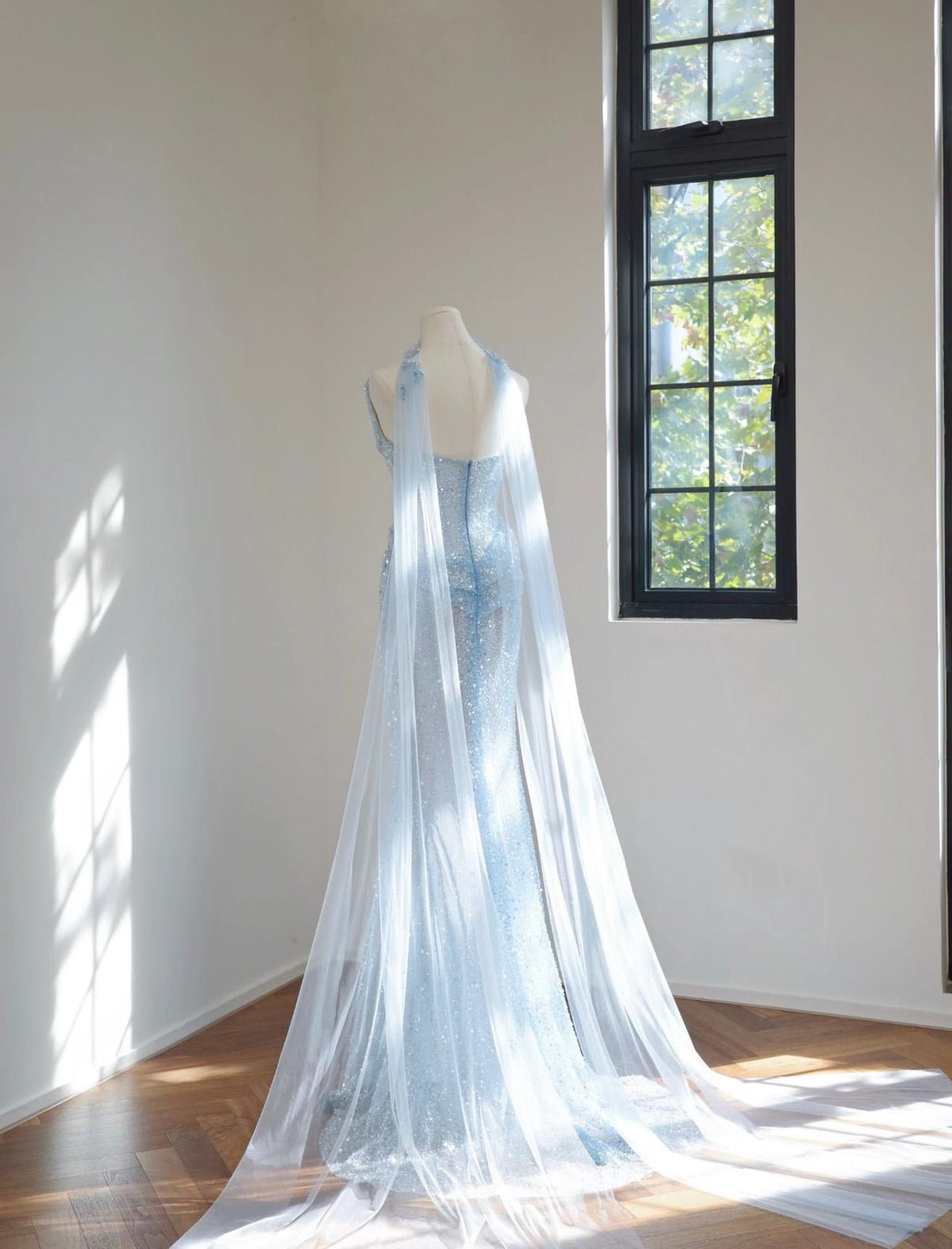 Light Blue Sequin Mermaid Gown, Draped One Shoulder Corset Formal Dress, Choker Floral Neck Detail, Wedding & Evening Dress Custom