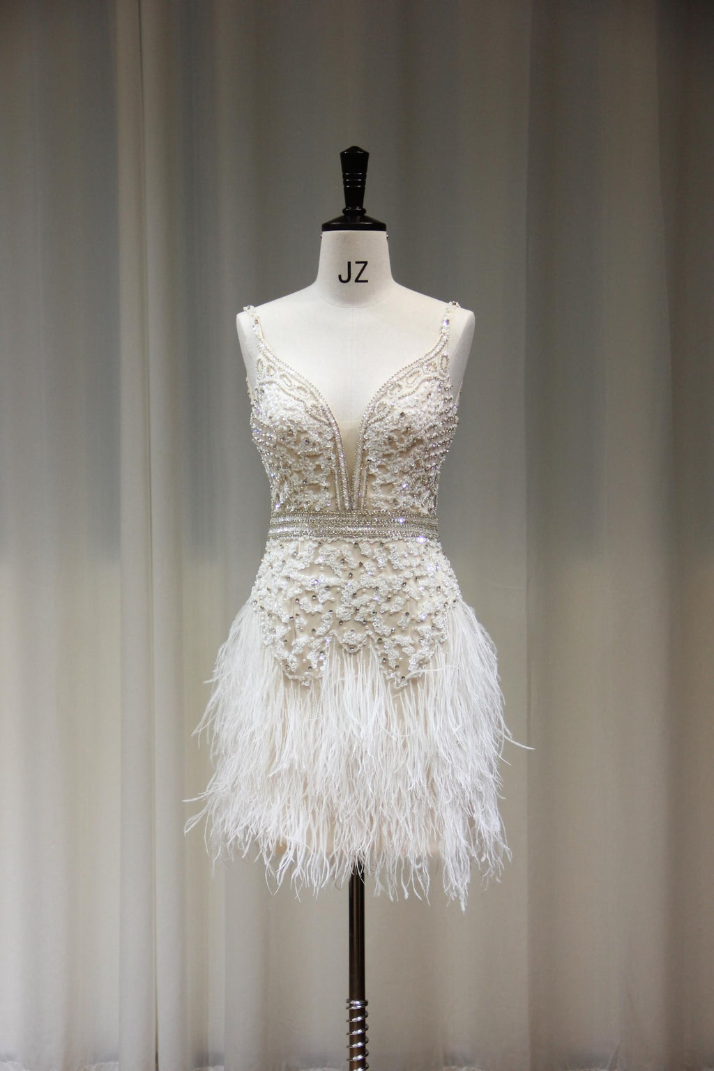 Sparkly Rhinestone Feather Mini Dress, Plunge V Neck Spaghetti Strap Cocktail Dress, Short Wedding Reception & Bachelorette Dress