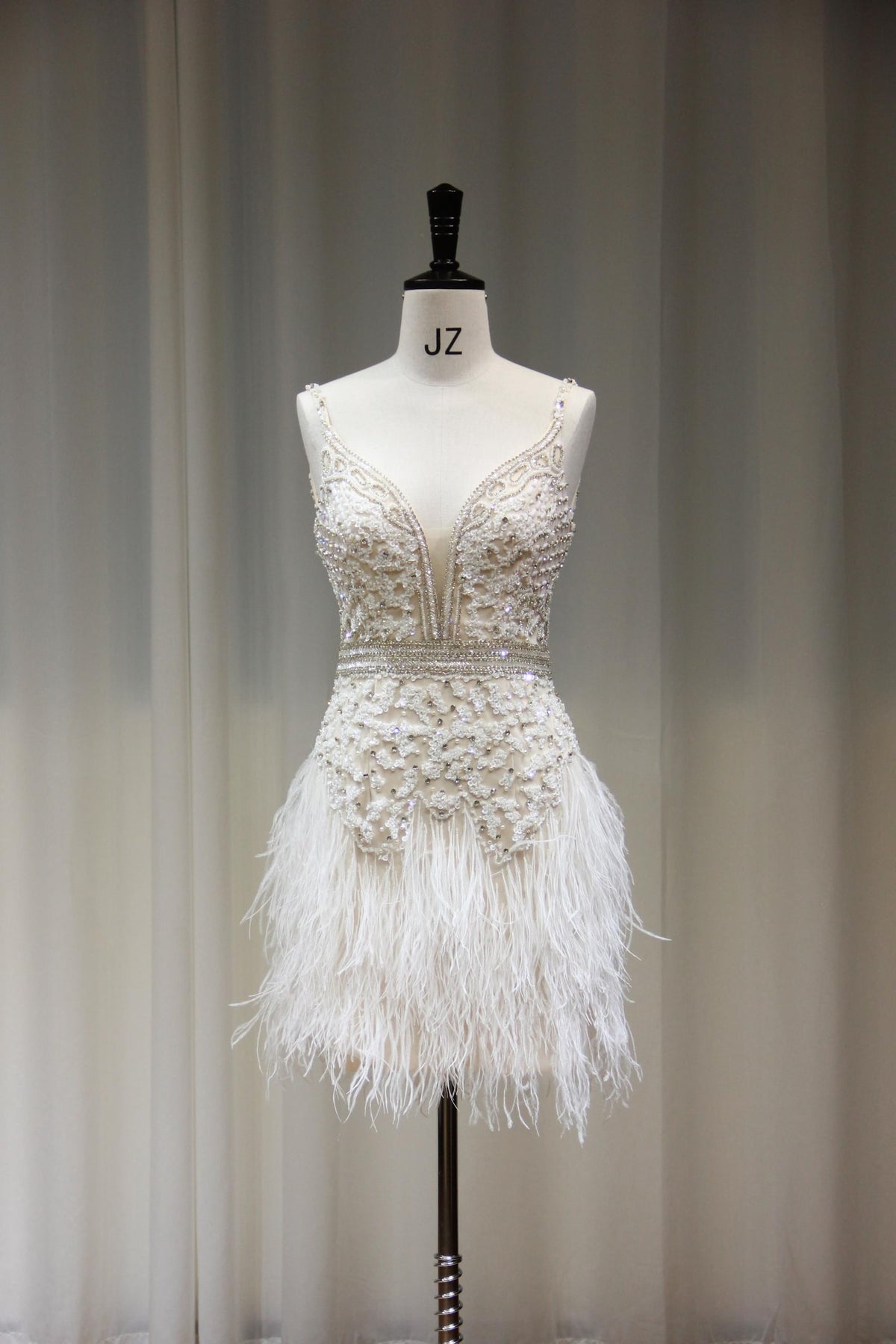 Sparkly Rhinestone Feather Mini Dress, Plunge V Neck Spaghetti Strap Cocktail Dress, Short Wedding Reception & Bachelorette Dress