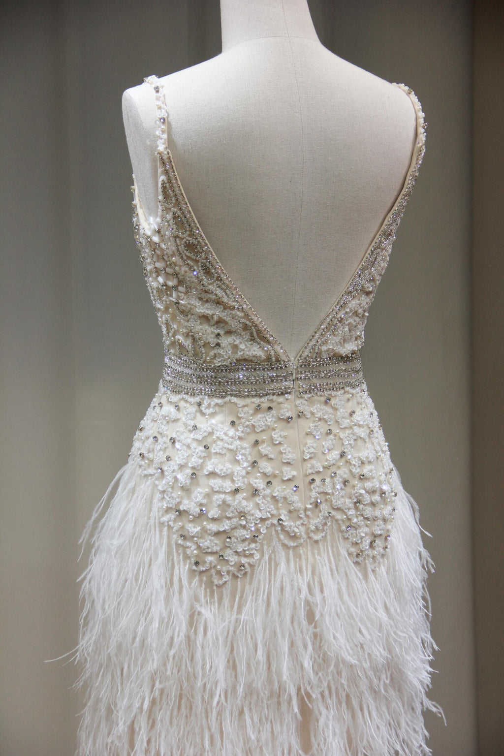 Sparkly Rhinestone Feather Mini Dress, Plunge V Neck Spaghetti Strap Cocktail Dress, Short Wedding Reception & Bachelorette Dress