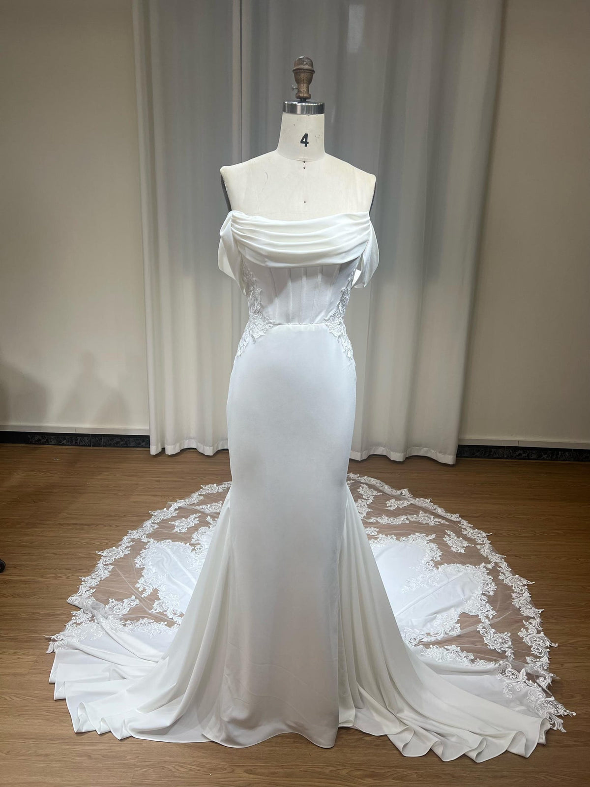 Off the Shoulder Draped Mermaid Wedding Dress, Corset Bodice Lace Train Bridal Gown, Elegant Satin Fit and Flare Wedding Gown