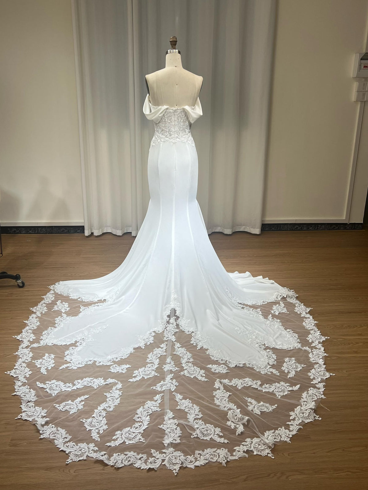 Off the Shoulder Draped Mermaid Wedding Dress, Corset Bodice Lace Train Bridal Gown, Elegant Satin Fit and Flare Wedding Gown