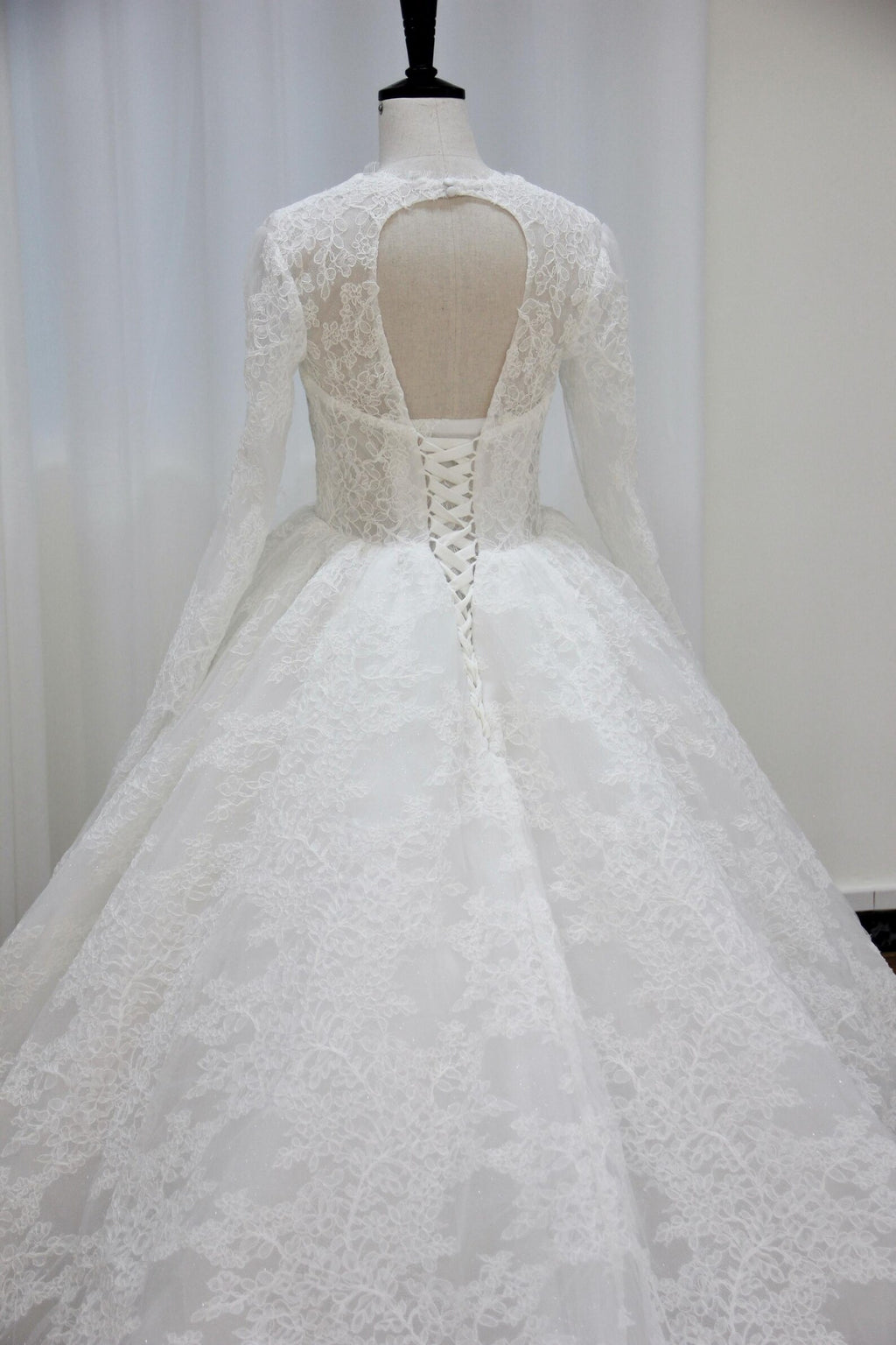 Long Sleeve Lace Ballgown Wedding Dress, Sweetheart Neck Sheer Corset Bridal Gown, Full Lace Voluminous Tulle Wedding Dress