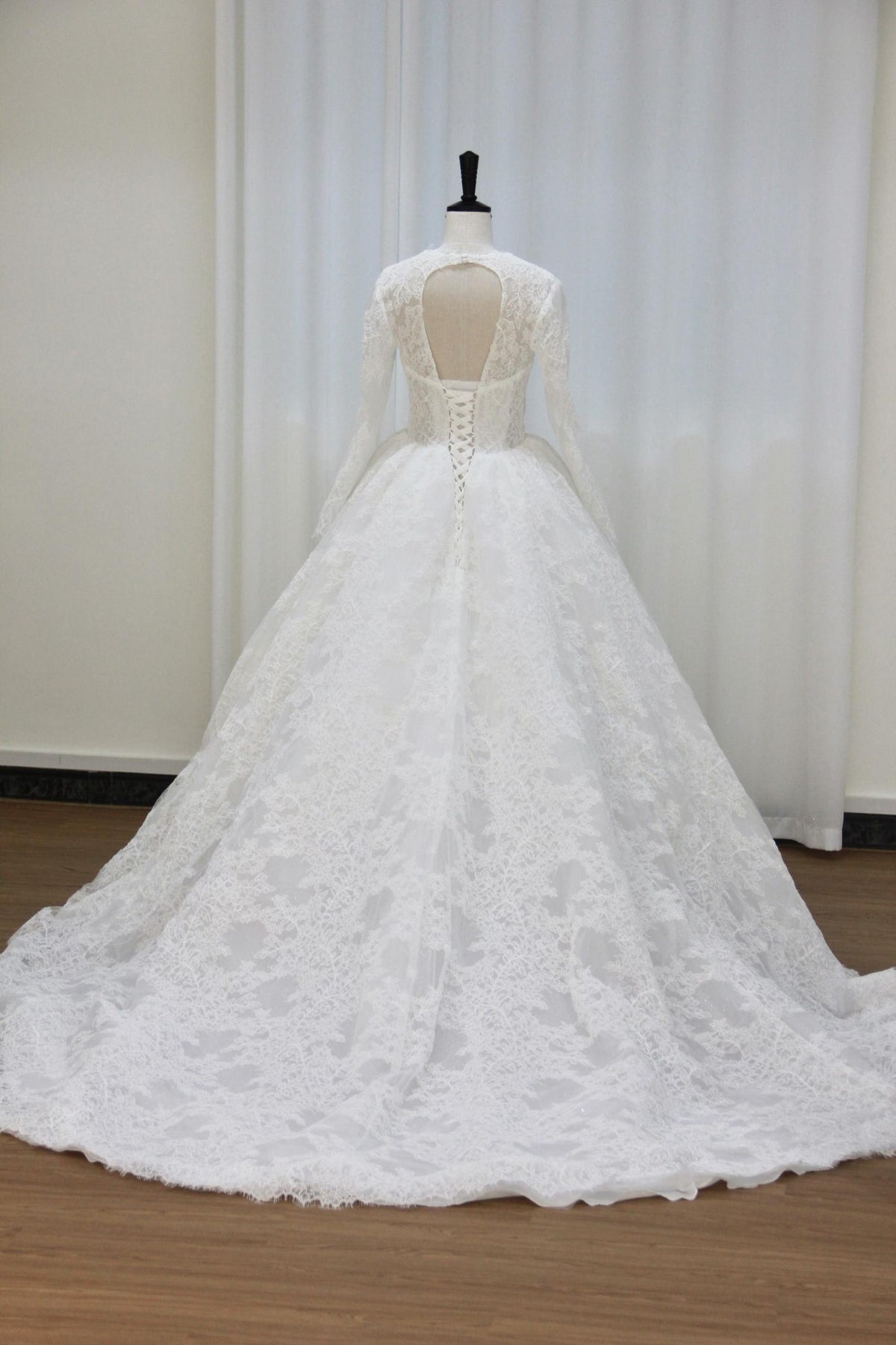 Long Sleeve Lace Ballgown Wedding Dress, Sweetheart Neck Sheer Corset Bridal Gown, Full Lace Voluminous Tulle Wedding Dress
