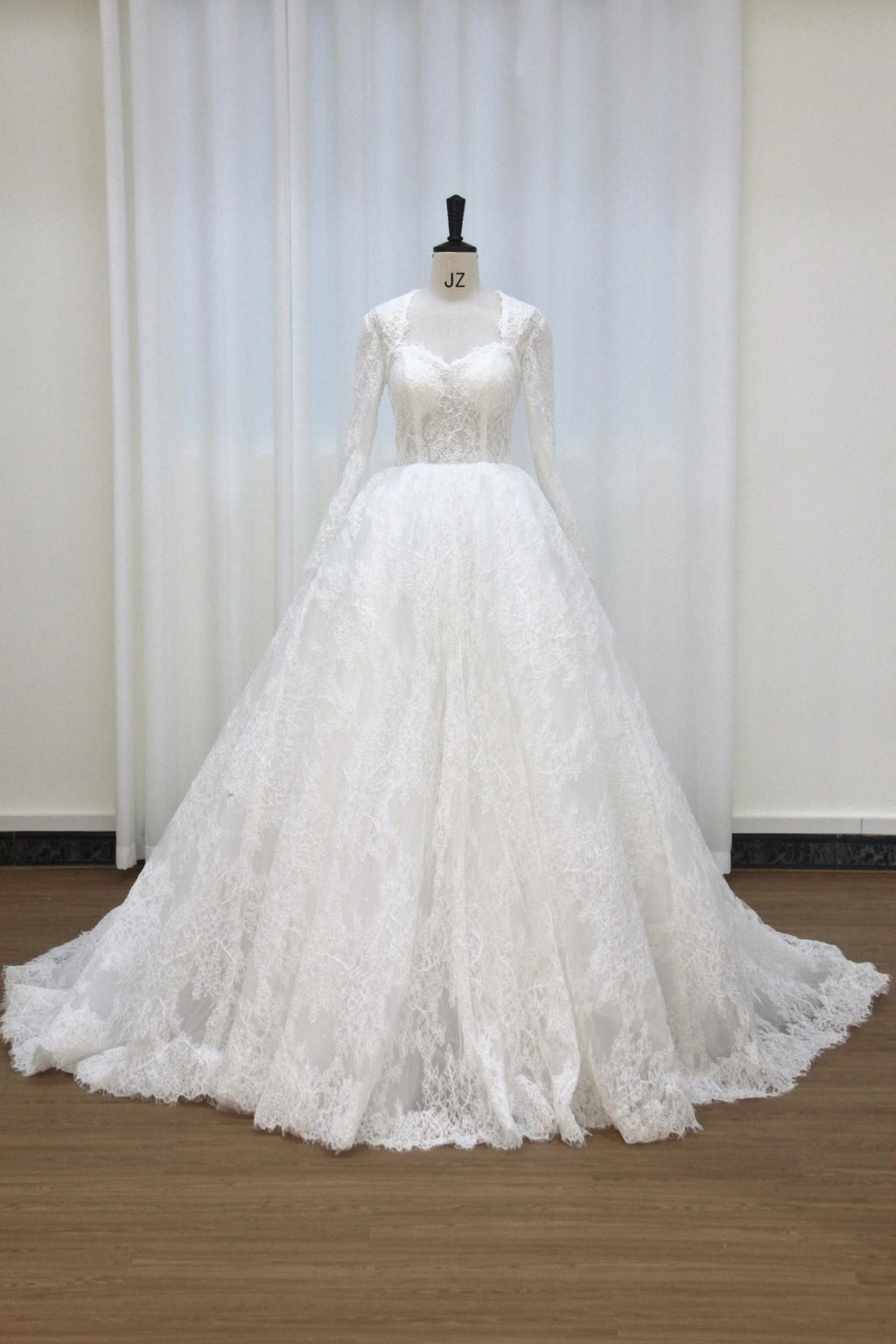 Long Sleeve Lace Ballgown Wedding Dress, Sweetheart Neck Sheer Corset Bridal Gown, Full Lace Voluminous Tulle Wedding Dress