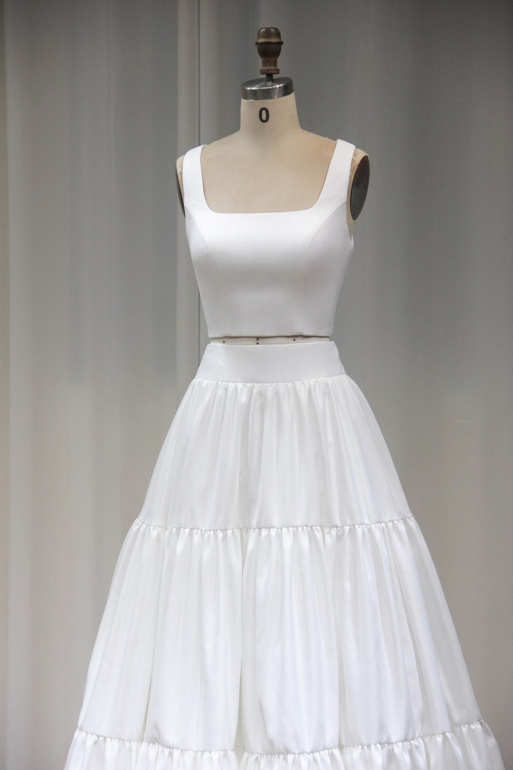 Two Piece Satin Wedding Dress, Square Neck Tank Top Tiered Skirt Bridal Gown, Minimalist Separates Wedding Outfit