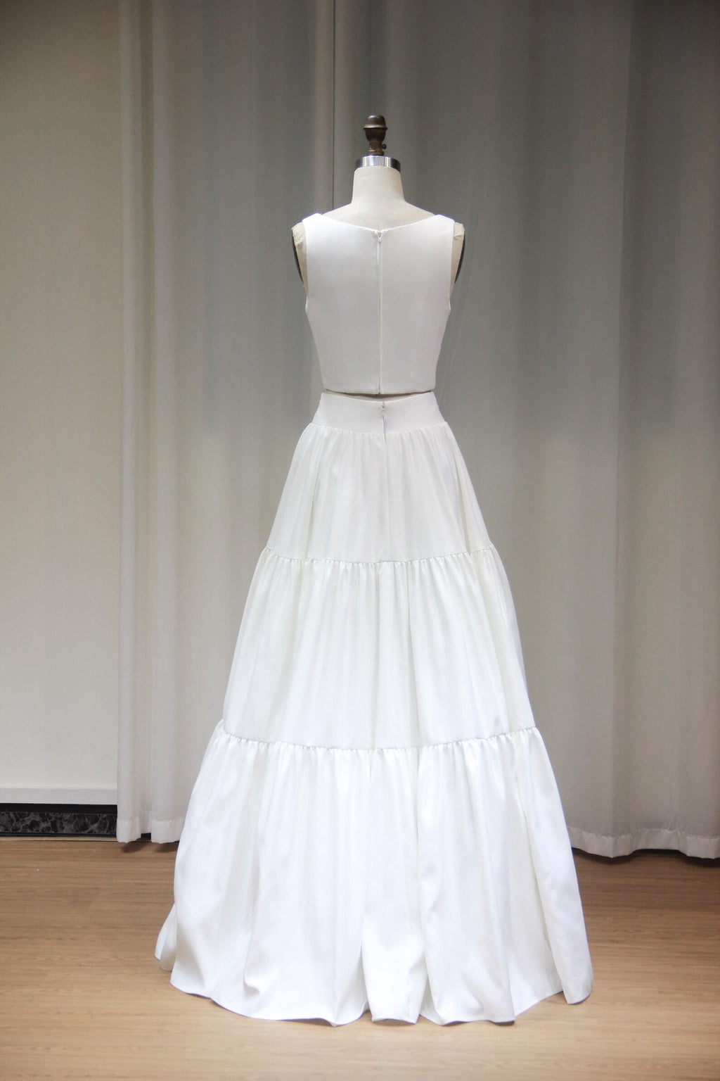 Two Piece Satin Wedding Dress, Square Neck Tank Top Tiered Skirt Bridal Gown, Minimalist Separates Wedding Outfit