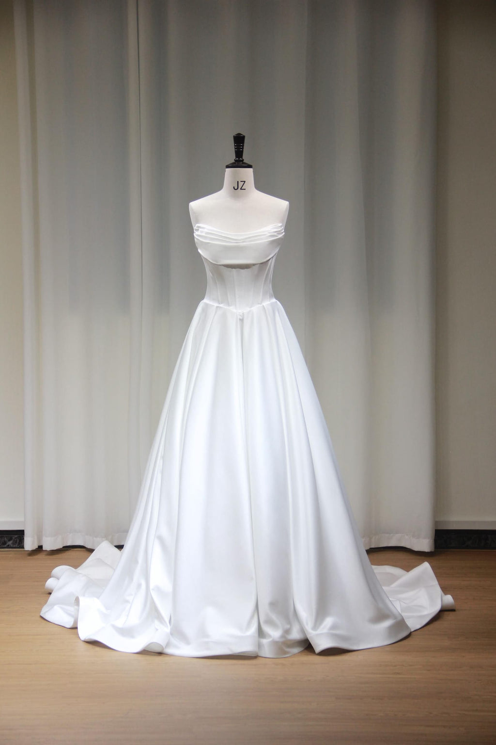 Strapless Draped Satin Ballgown Wedding Dress, Structured Corset Bridal Gown, Simple A-Line Satin Wedding Dress with Train
