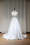 Strapless Draped Satin Ballgown Wedding Dress, Structured Corset Bridal Gown, Simple A-Line Satin Wedding Dress with Train