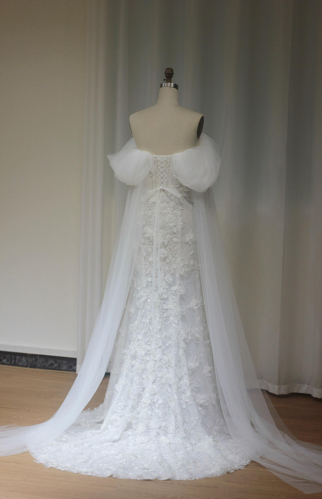 Off Shoulder Tulle Sleeve Mermaid Wedding Dress, 3D Floral Lace Bridal Gown, Deep V Sparkly Beaded Wedding Dress with Train