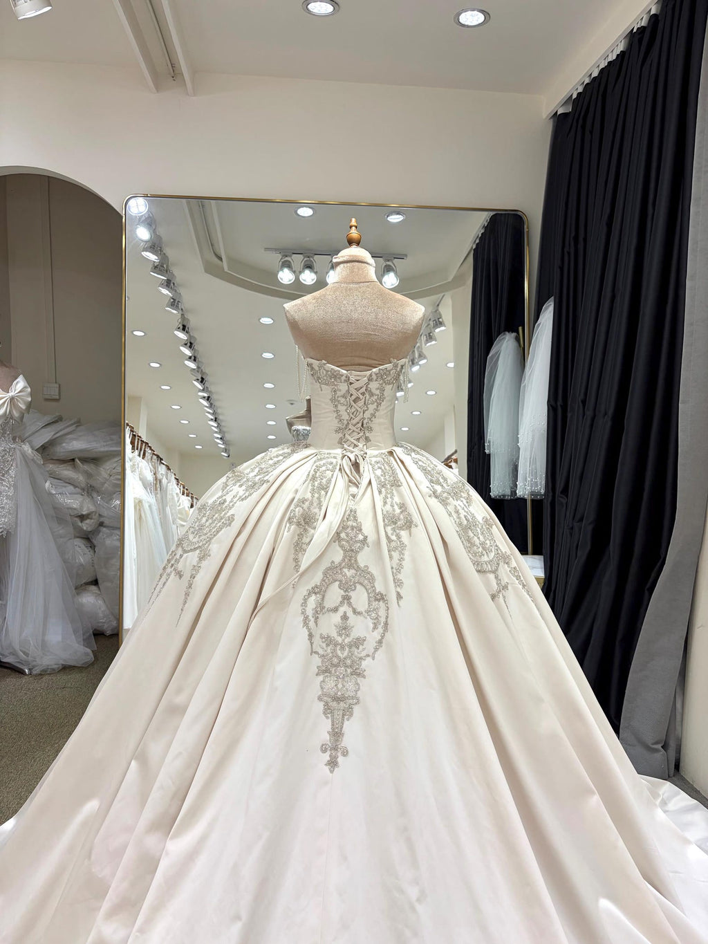 Luxury Satin Ball Gown Wedding Dress, Off Shoulder Beaded Bridal Gown, Cathedral Train Custom Wedding Gown