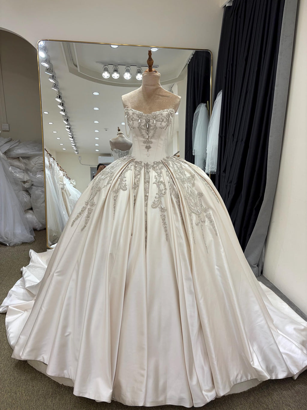 Luxury Satin Ball Gown Wedding Dress, Off Shoulder Beaded Bridal Gown, Cathedral Train Custom Wedding Gown