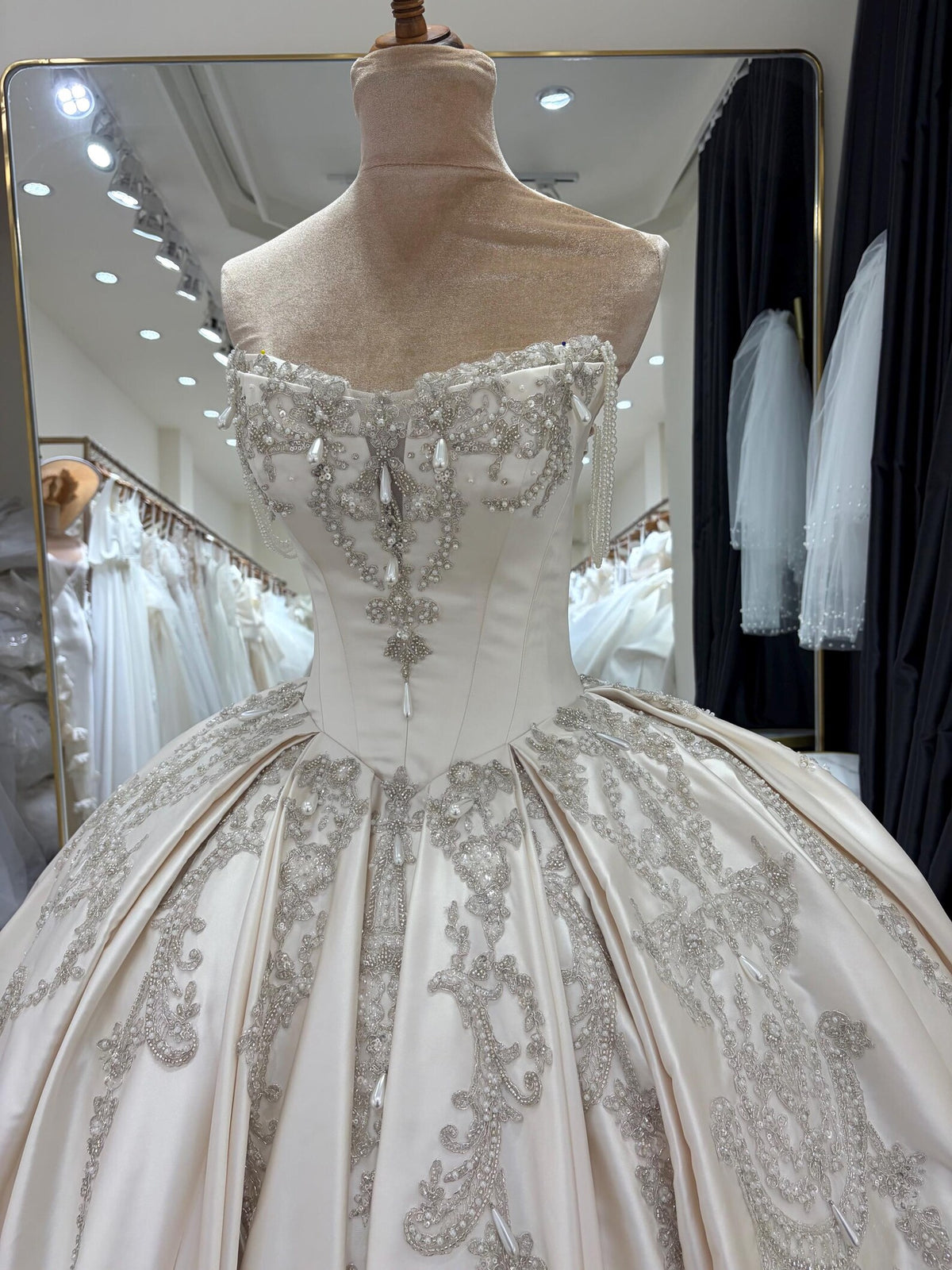 Luxury Satin Ball Gown Wedding Dress, Off Shoulder Beaded Bridal Gown, Cathedral Train Custom Wedding Gown