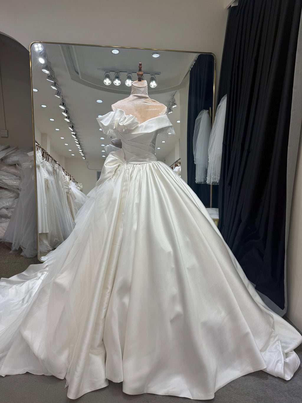 Off Shoulder Ruffled Satin Ball Gown Wedding Dress, Big Bow Bridal Gown With Cathedral Train