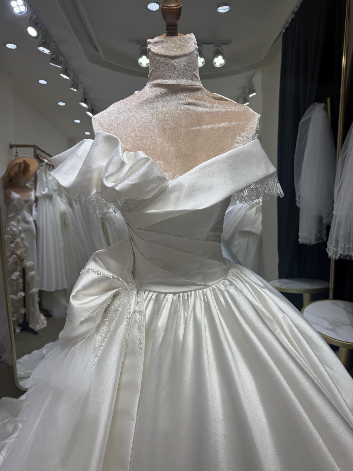 Off Shoulder Ruffled Satin Ball Gown Wedding Dress, Big Bow Bridal Gown With Cathedral Train