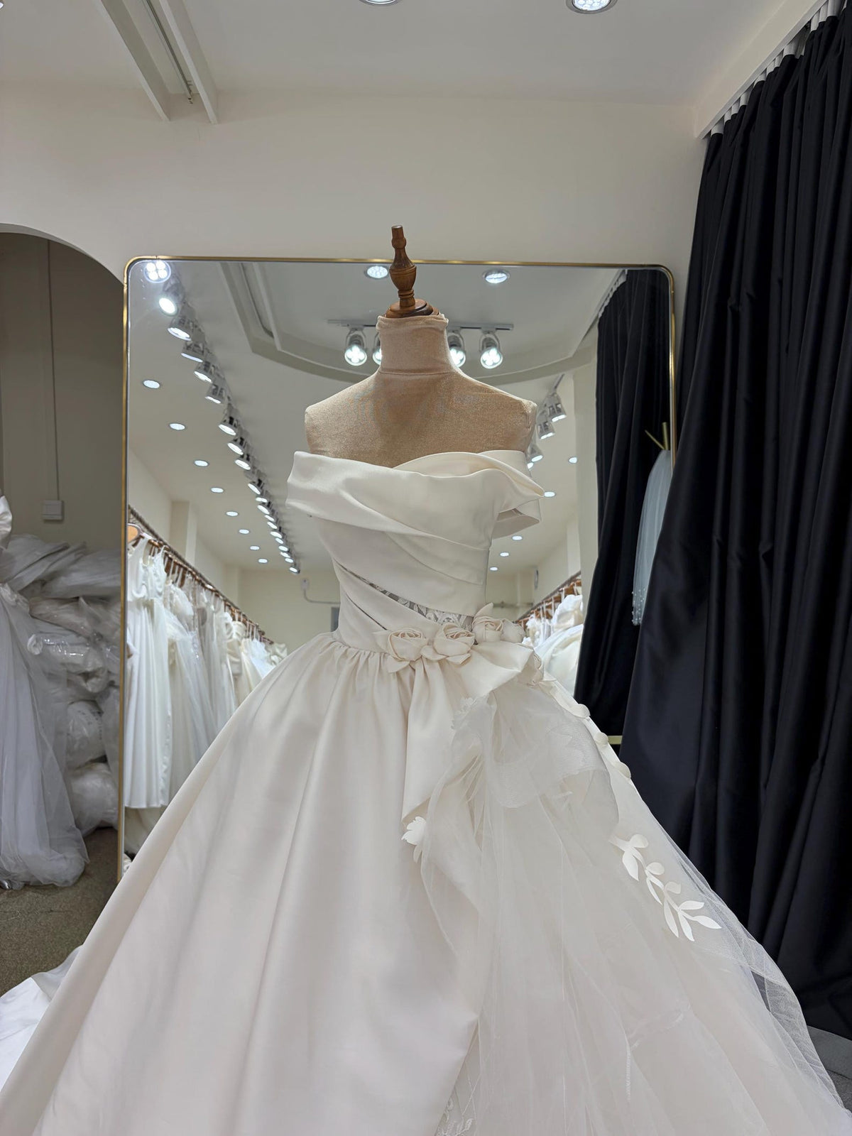 Strapless Draped Satin Ball Gown Wedding Dress, 3D Floral Tulle Bridal Gown With Cathedral Train