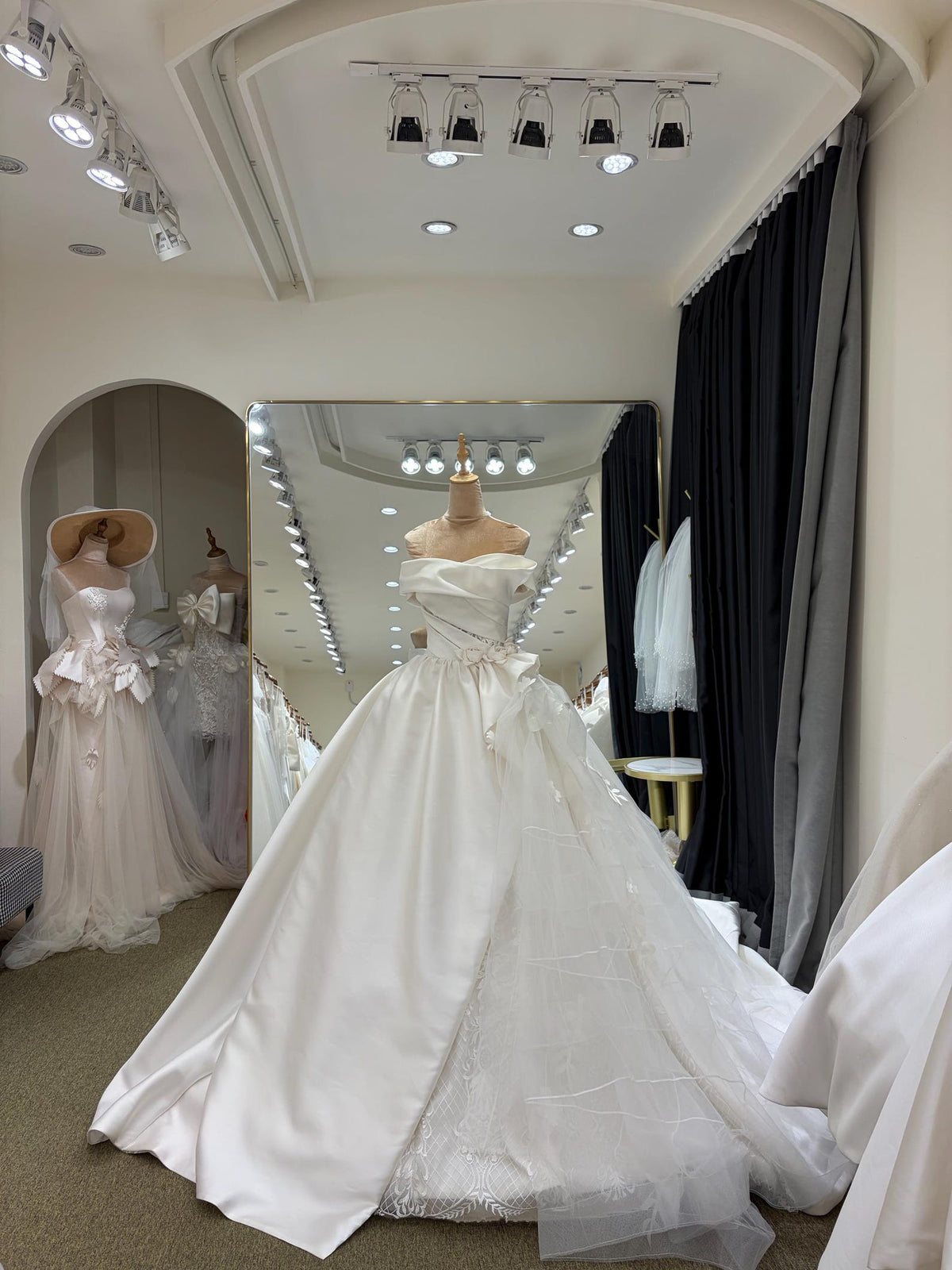 Strapless Draped Satin Ball Gown Wedding Dress, 3D Floral Tulle Bridal Gown With Cathedral Train