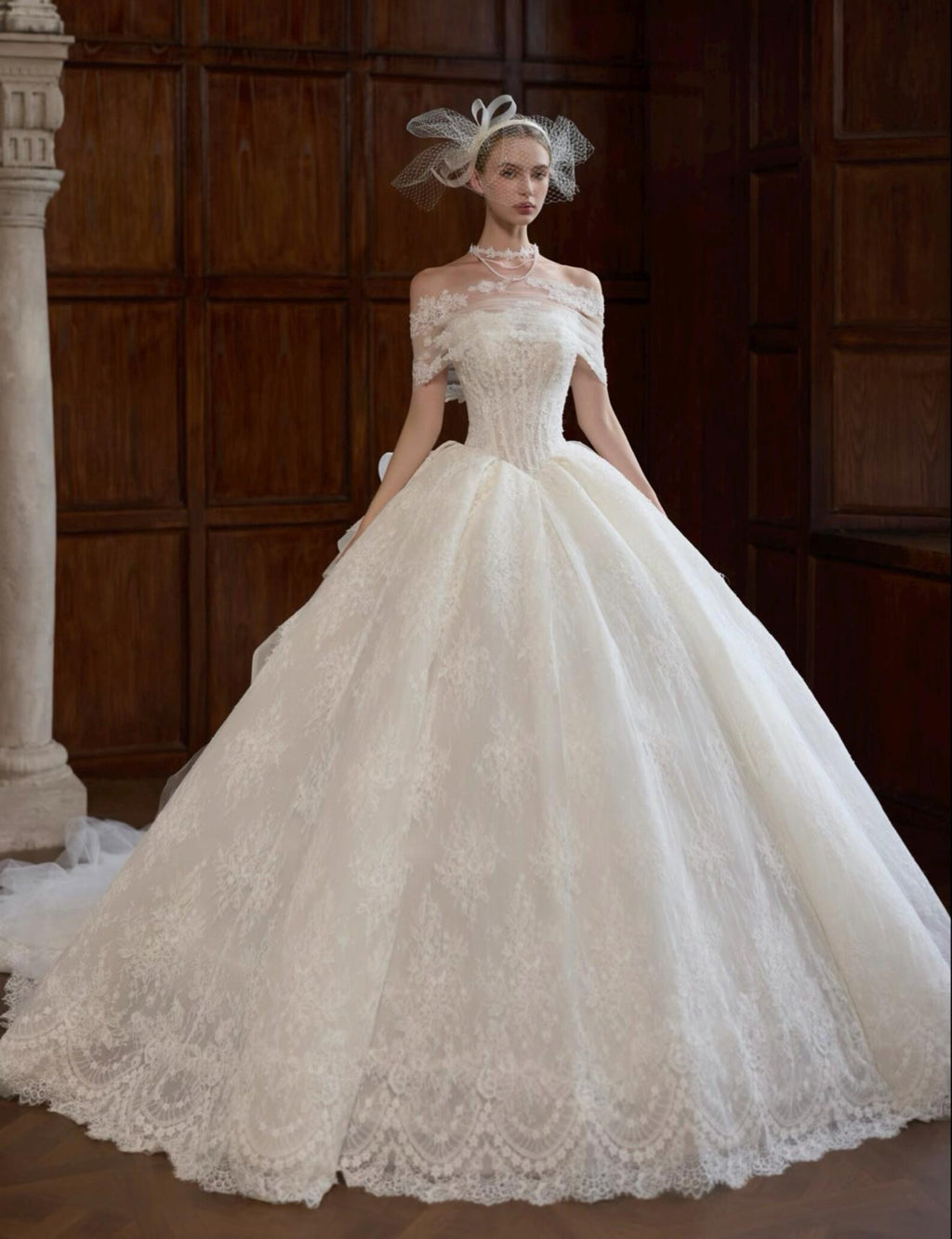 Off Shoulder Lace Ball Gown Wedding Dress, Corset Bodice Bridal Gown With Cathedral Train