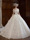 Off Shoulder Lace Ball Gown Wedding Dress, Corset Bodice Bridal Gown With Cathedral Train