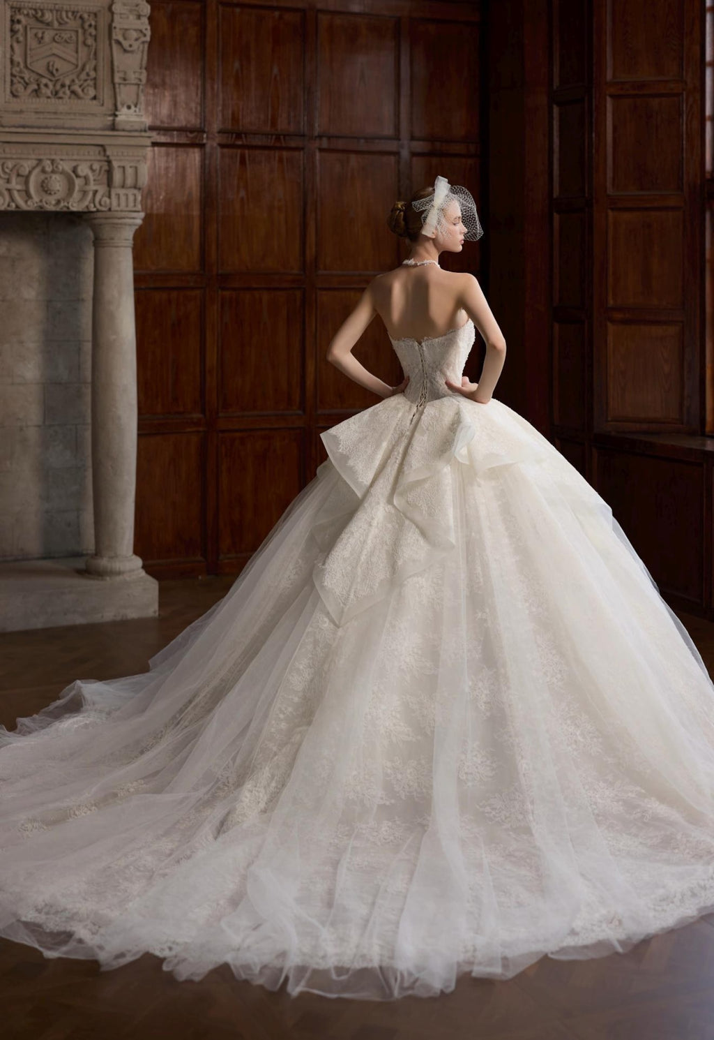 Off Shoulder Lace Ball Gown Wedding Dress, Corset Bodice Bridal Gown With Cathedral Train