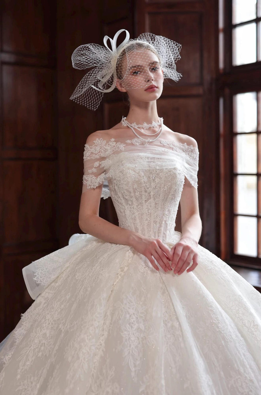 Off Shoulder Lace Ball Gown Wedding Dress, Corset Bodice Bridal Gown With Cathedral Train