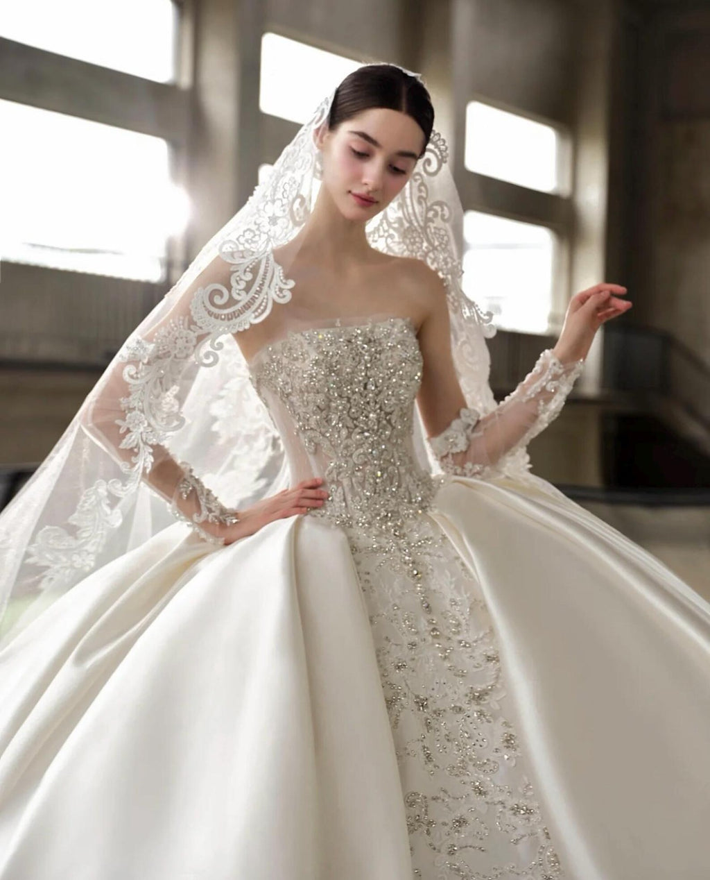 Luxury Beaded Lace Satin Wedding Gown, Ballgown Bridal Dress With Long Train