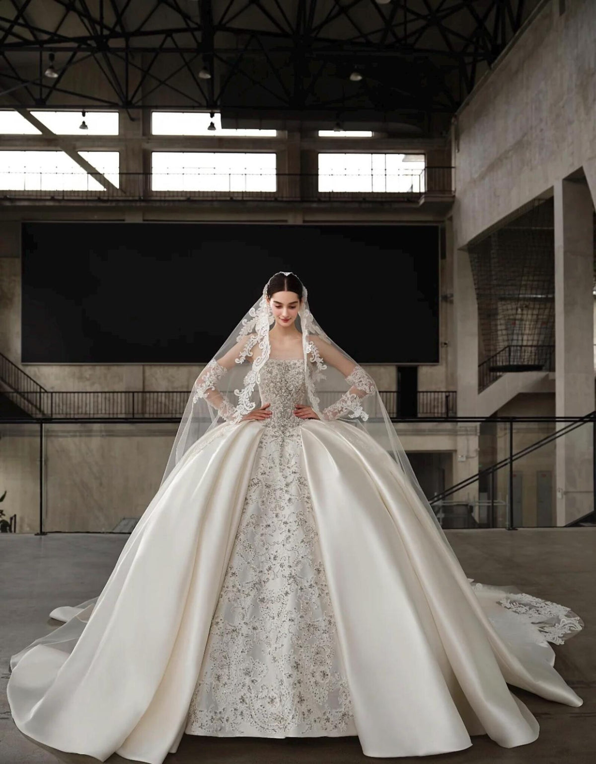 Luxury Beaded Lace Satin Wedding Gown, Ballgown Bridal Dress With Long Train