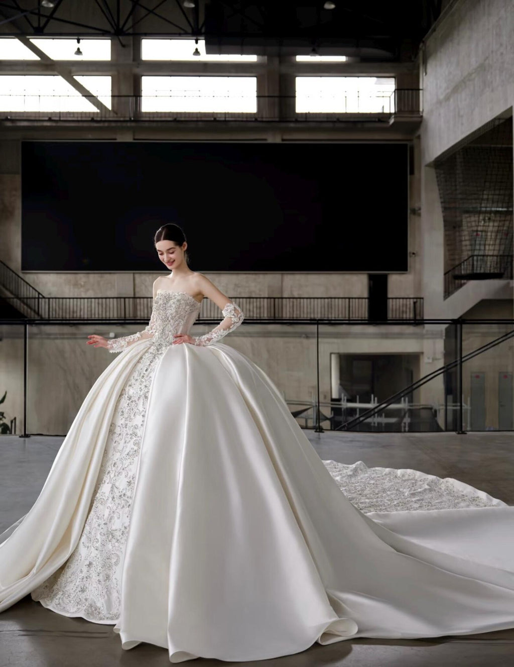 Luxury Beaded Lace Satin Wedding Gown, Ballgown Bridal Dress With Long Train