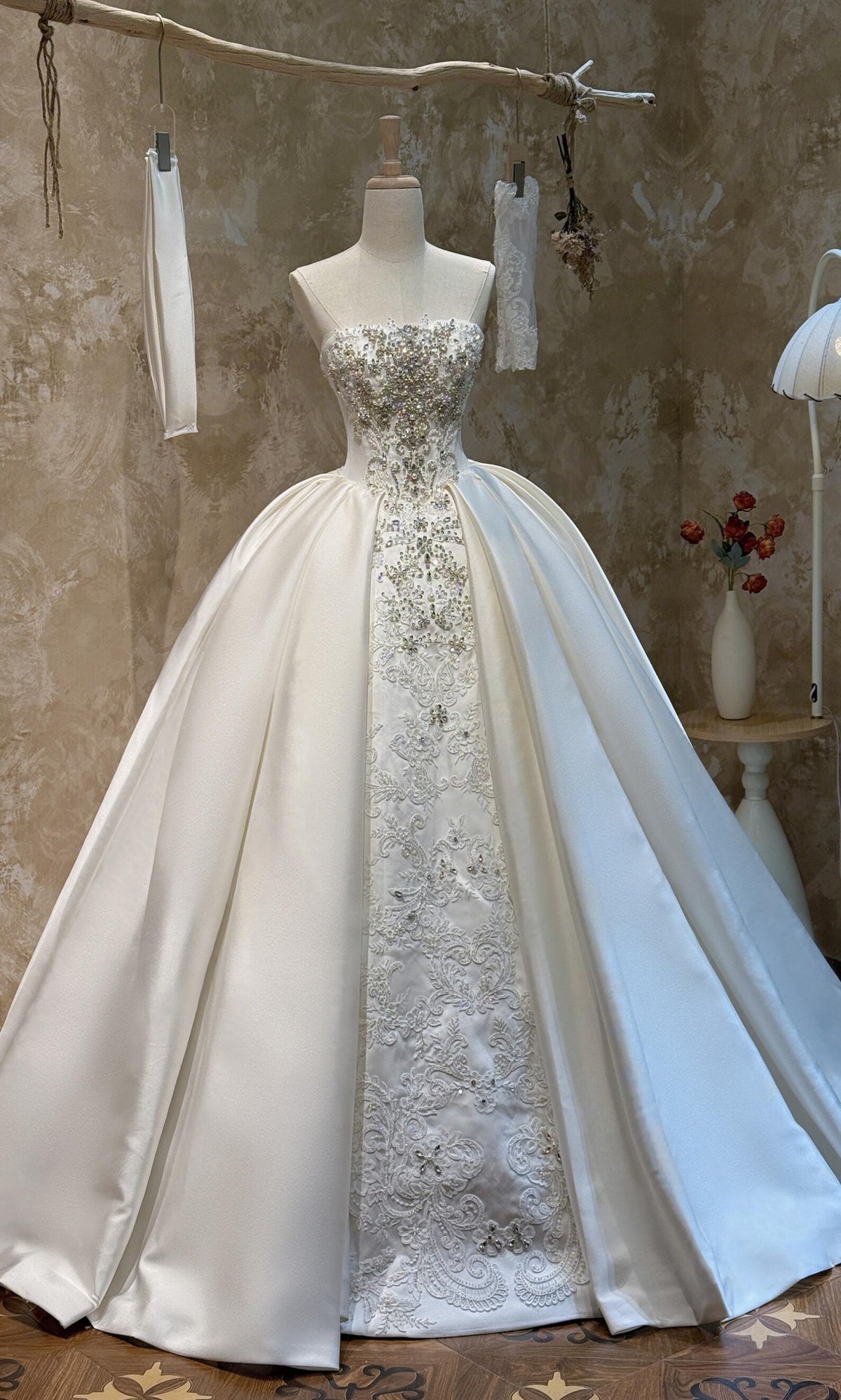 Luxury Beaded Lace Satin Wedding Gown, Ballgown Bridal Dress With Long Train