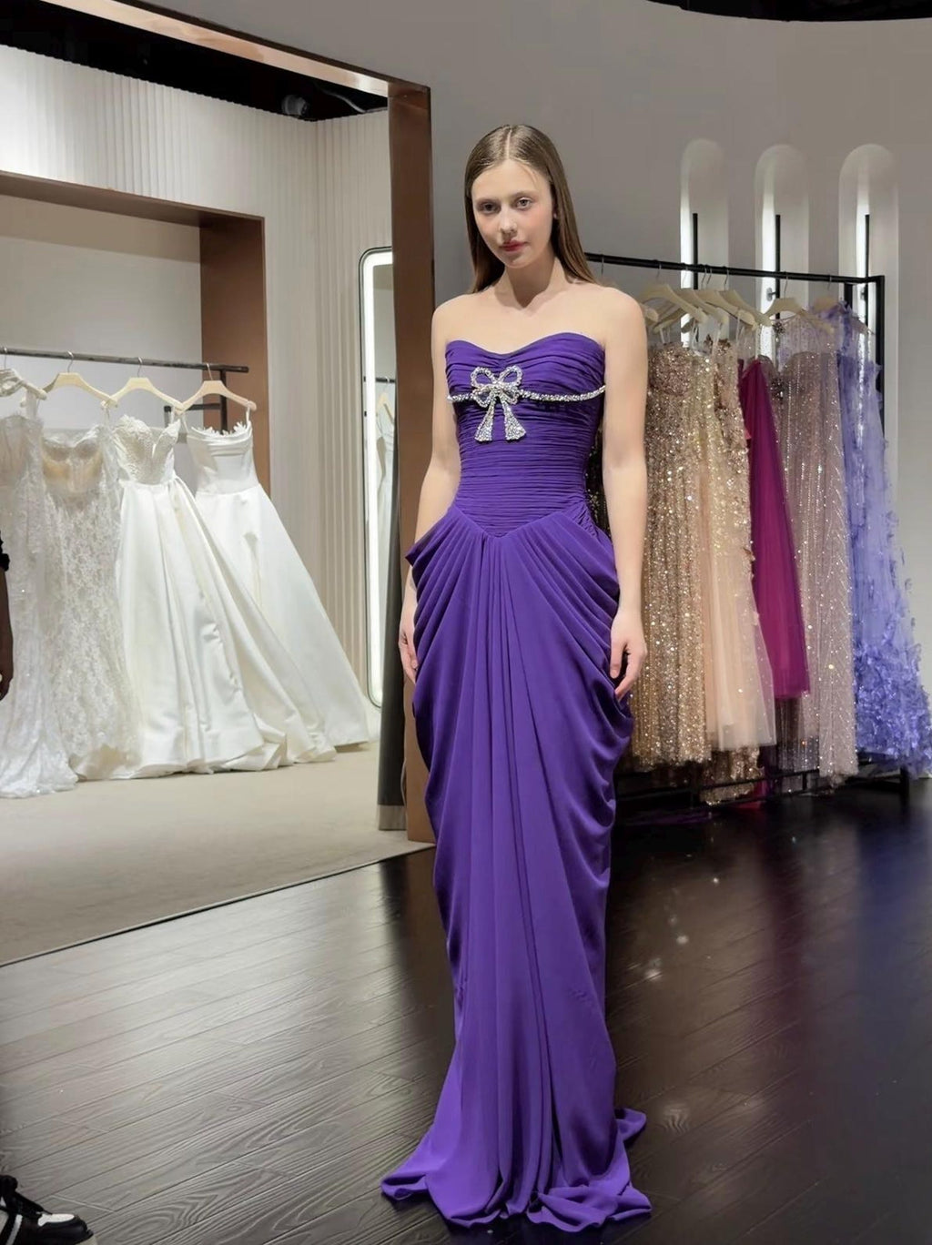 Purple Draped Pleated Evening Gown, Crystal Bow Detail With Tulle Shawl