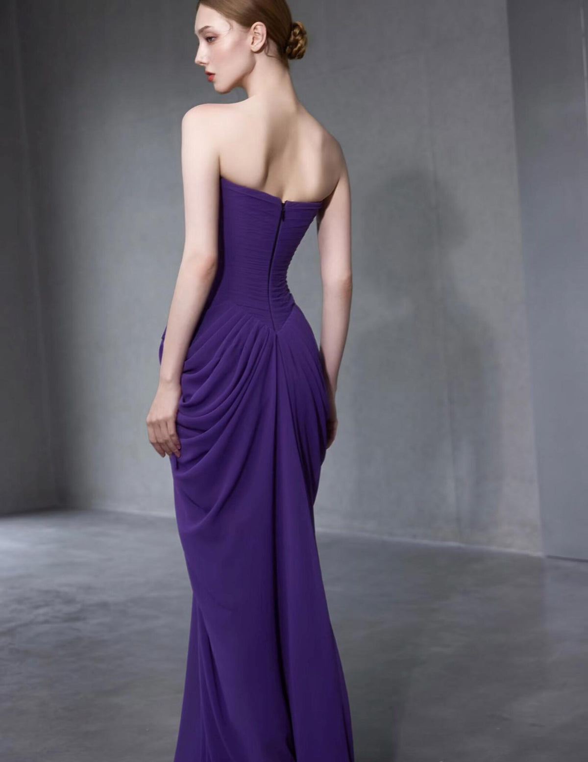 Purple Draped Pleated Evening Gown, Crystal Bow Detail With Tulle Shawl