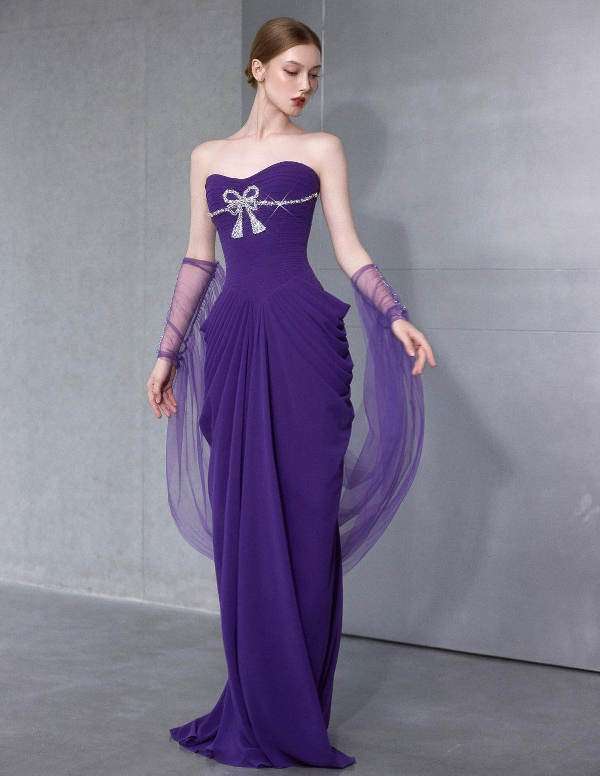 Purple Draped Pleated Evening Gown, Crystal Bow Detail With Tulle Shawl