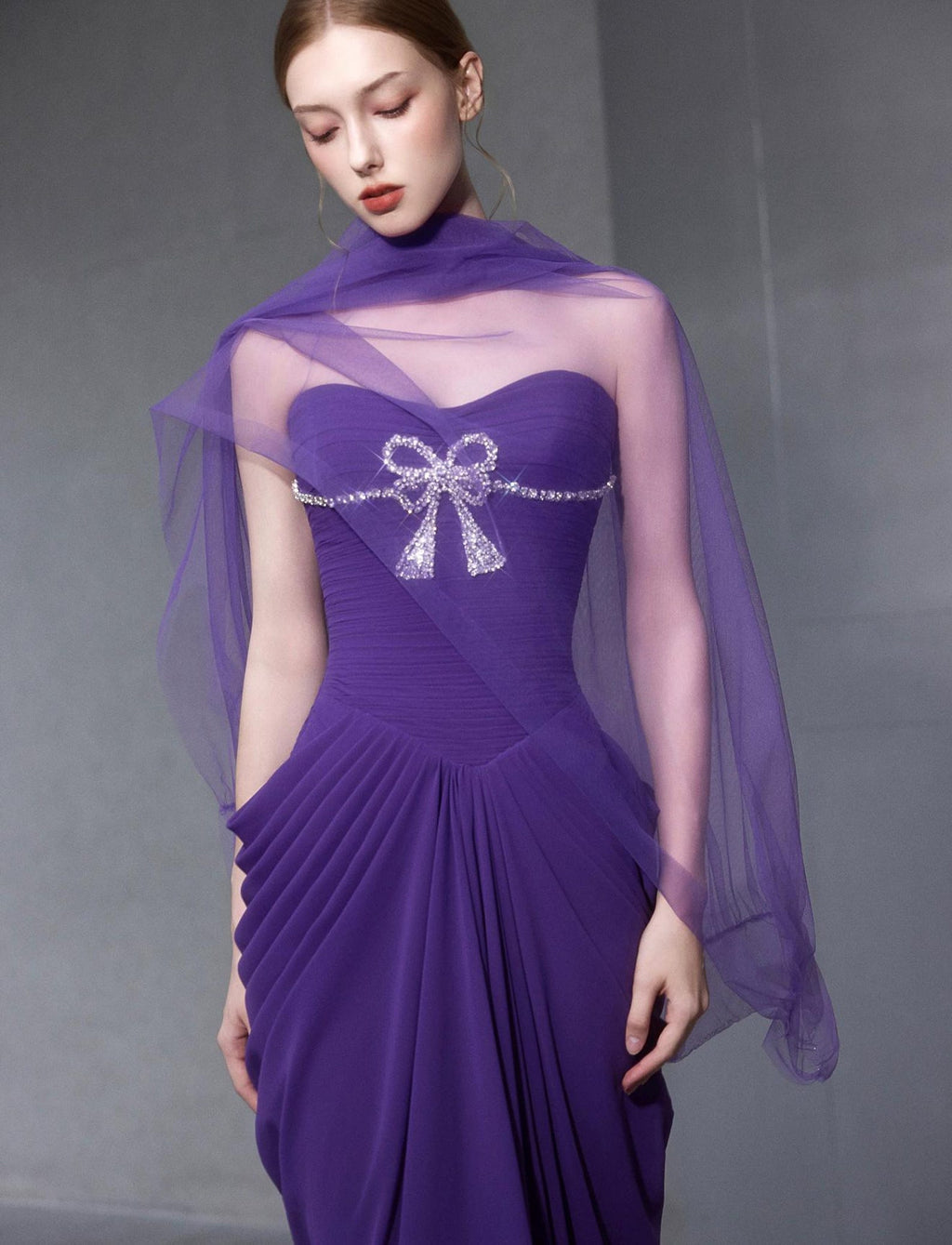 Purple Draped Pleated Evening Gown, Crystal Bow Detail With Tulle Shawl