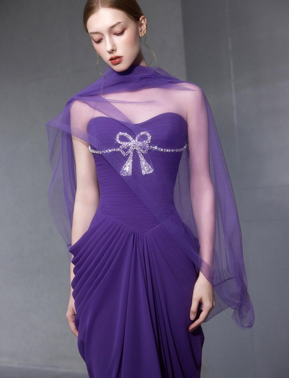 Purple Draped Pleated Evening Gown, Crystal Bow Detail With Tulle Shawl