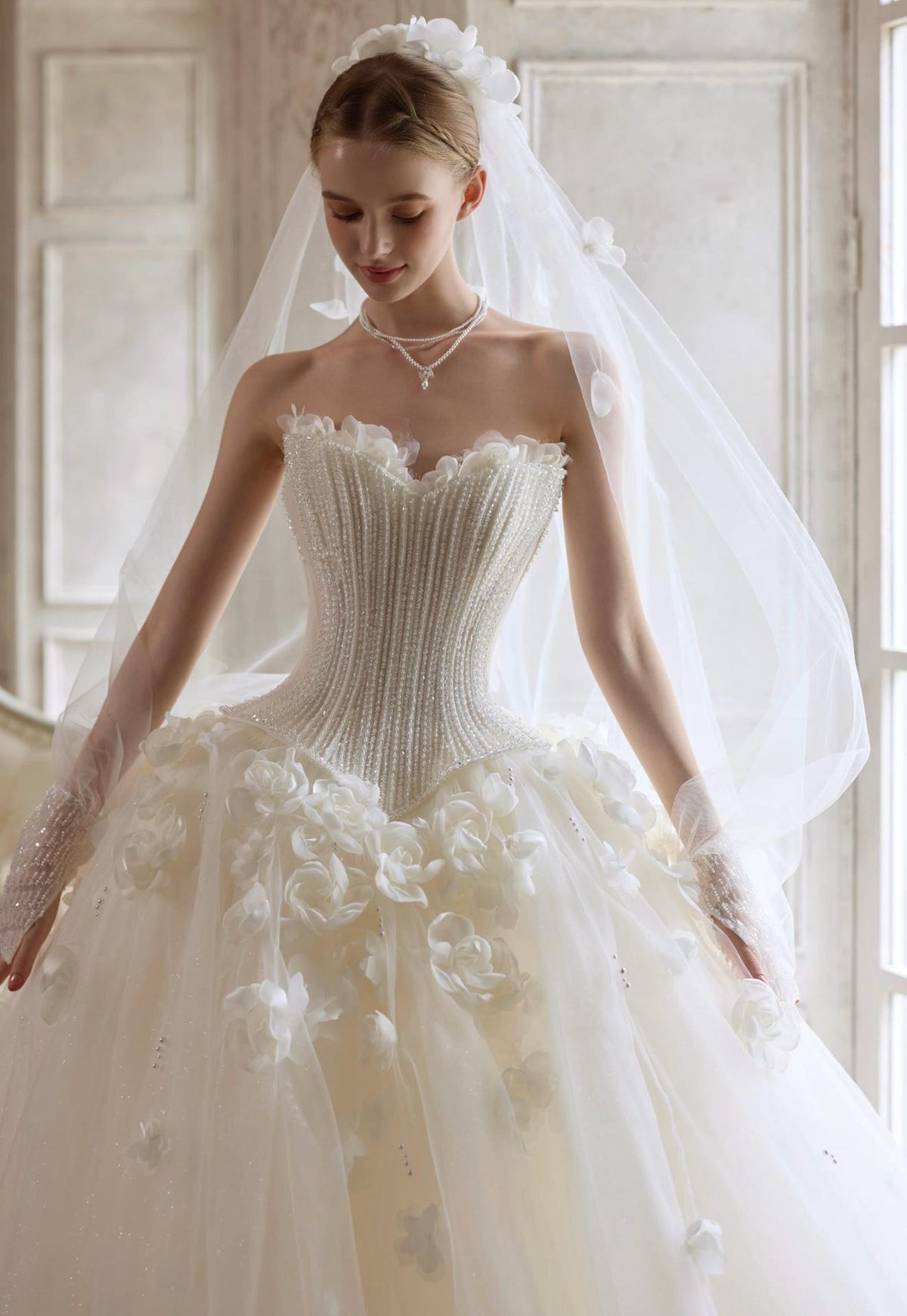 Strapless Beaded Corset Tulle Ballgown Wedding Dress, 3D Floral Bridal Gown