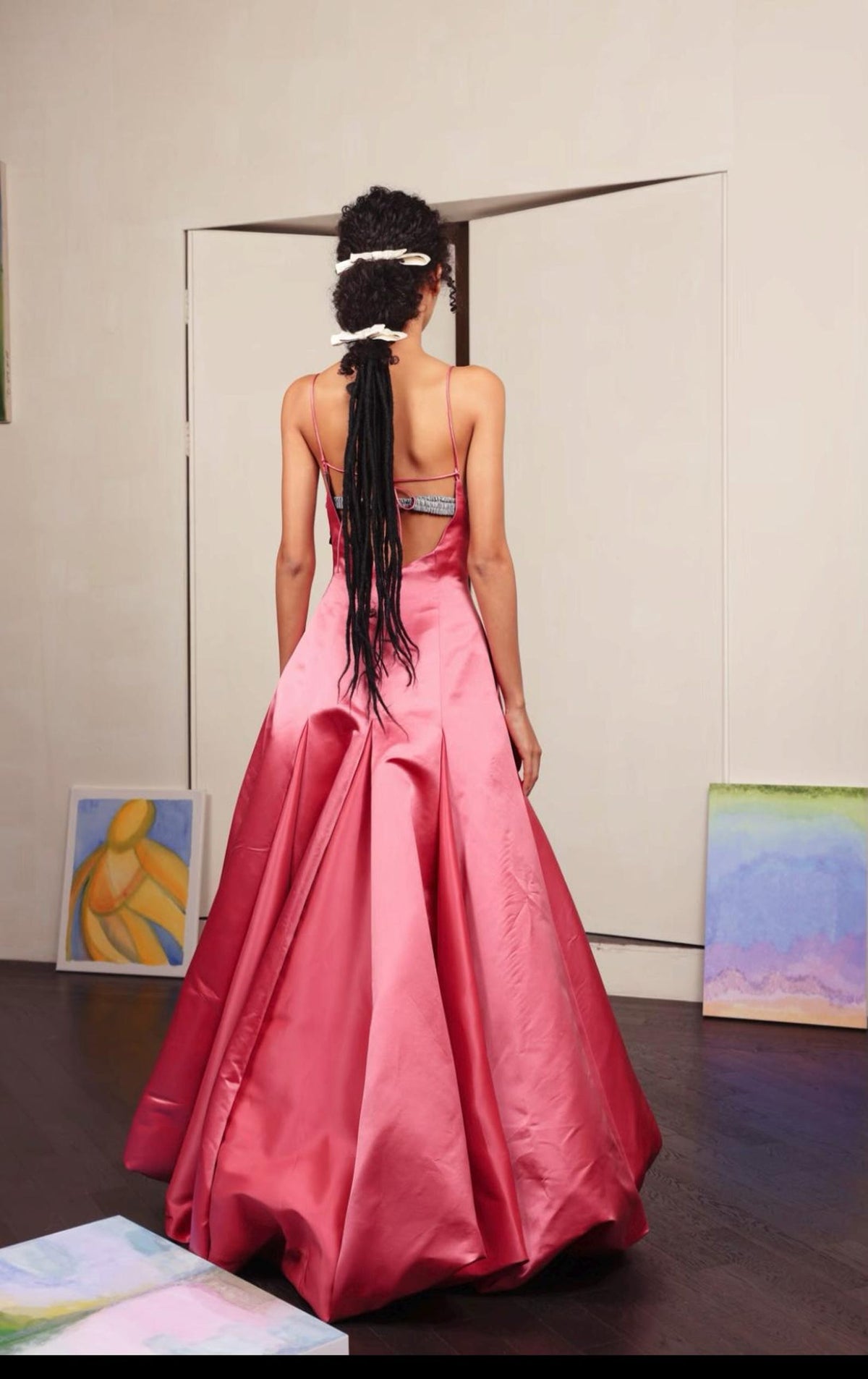 Pink Satin Spaghetti Strap Evening Gown, V‑Neck A‑Line Formal Prom Dress