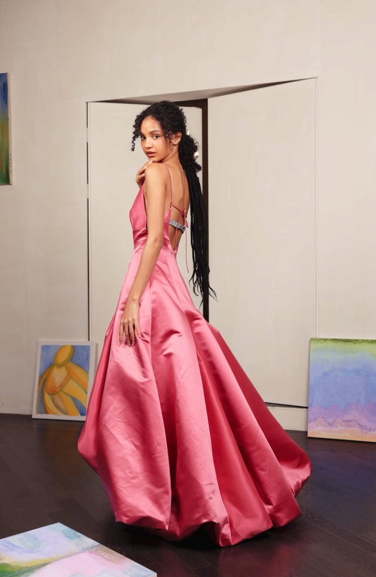 Pink Satin Spaghetti Strap Evening Gown, V‑Neck A‑Line Formal Prom Dress