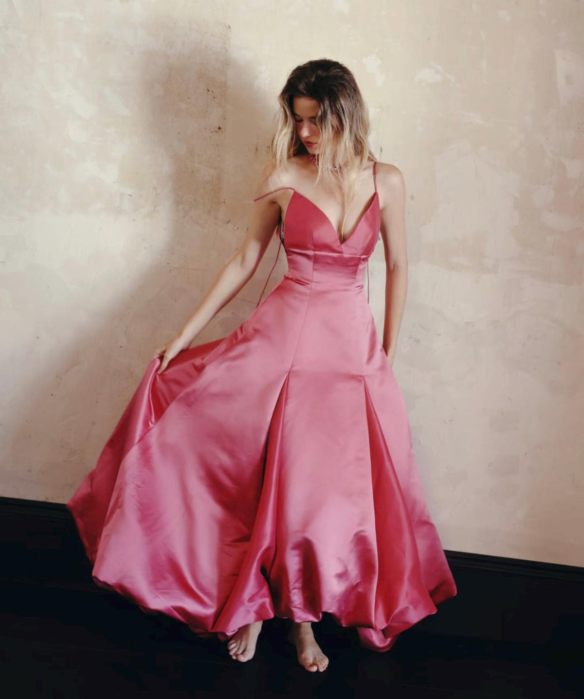 Pink Satin Spaghetti Strap Evening Gown, V‑Neck A‑Line Formal Prom Dress