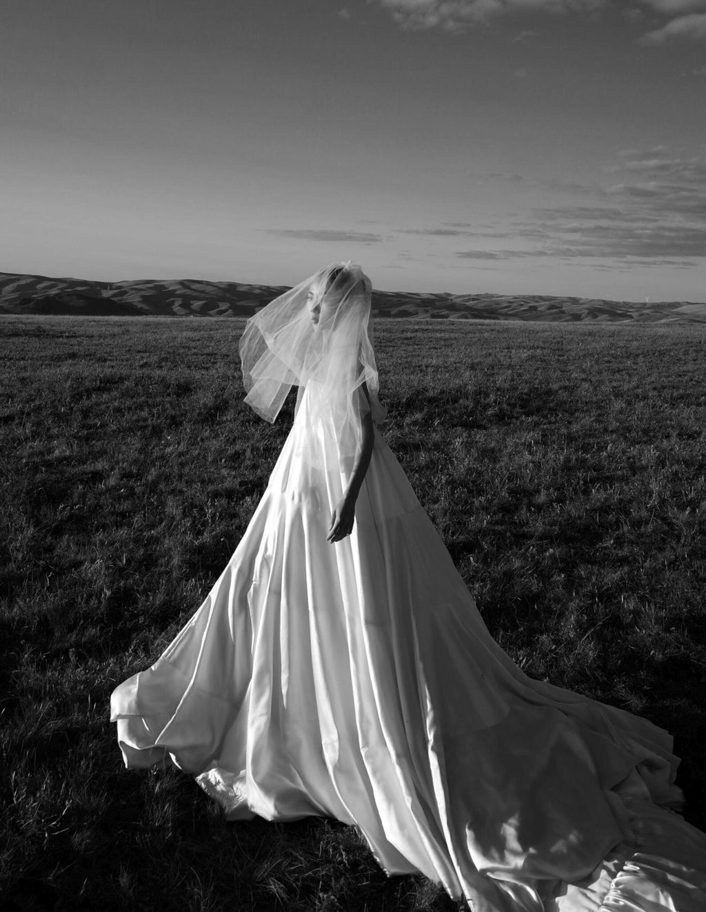 Strapless Satin Tiered Wedding Gown, Minimalist Voluminous Bridal Dress