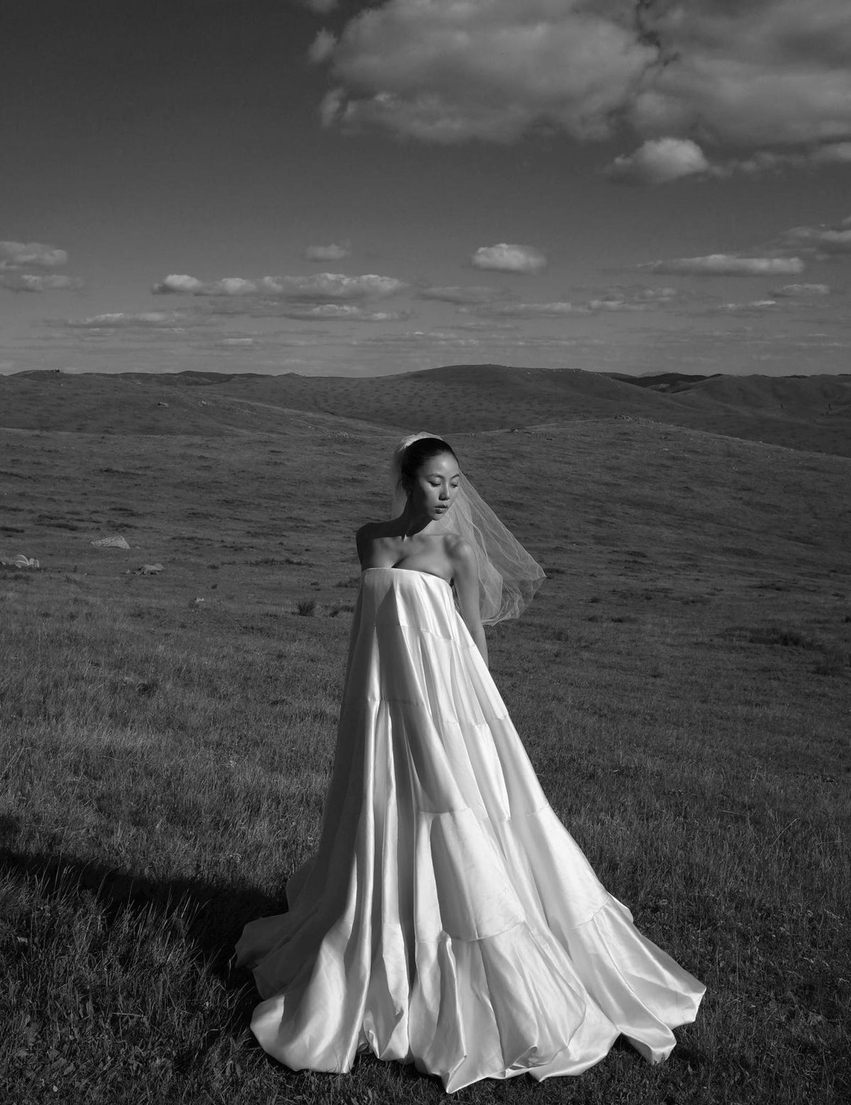Strapless Satin Tiered Wedding Gown, Minimalist Voluminous Bridal Dress